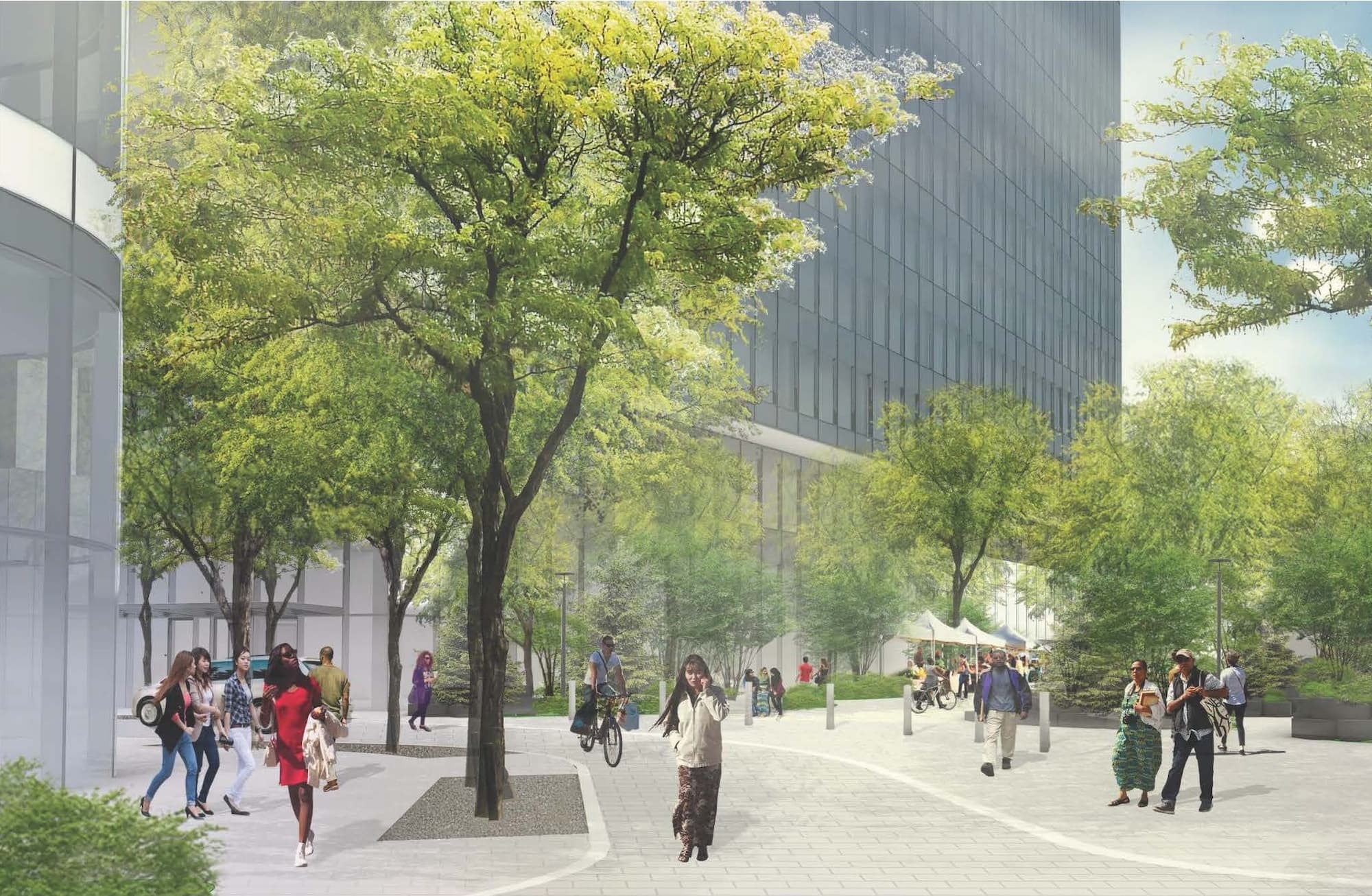 pedestrian plaza rendering with building in backdrop