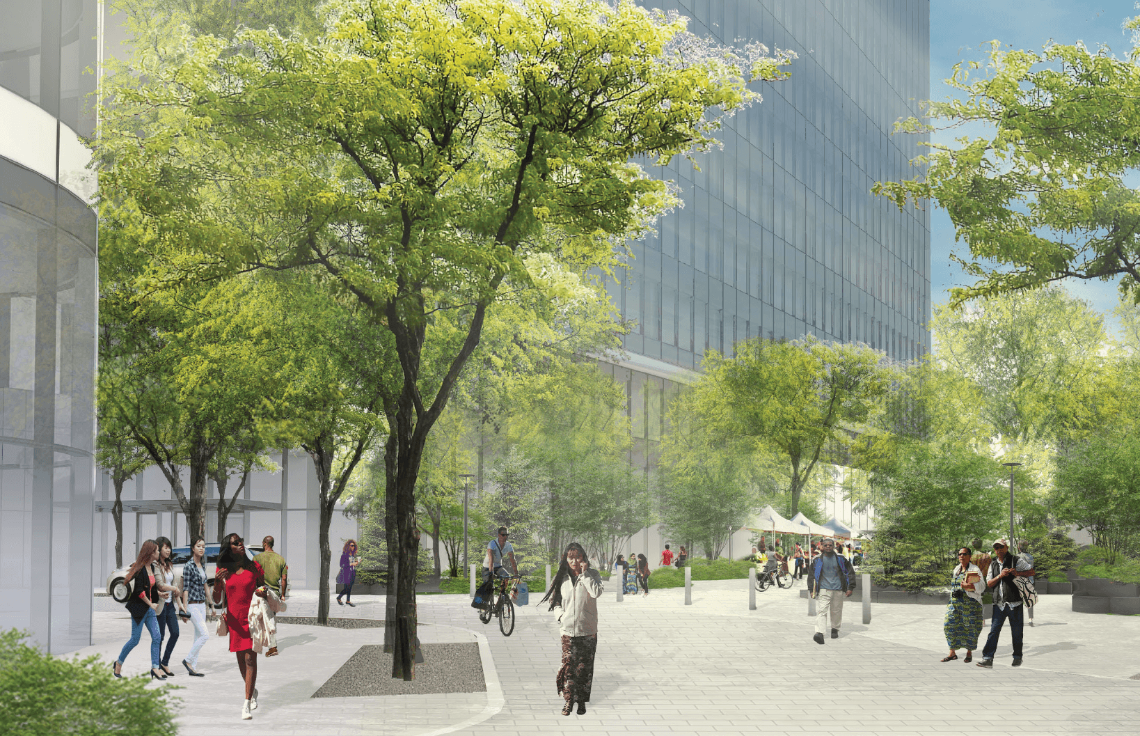 rendering of project showing people walking around an open space with a tree lined street