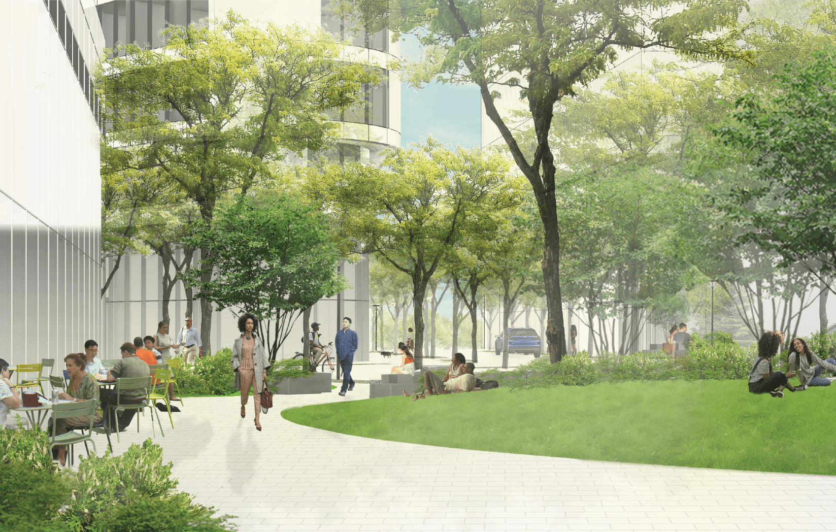 rendering showing people walking in an open green space with a walking path.